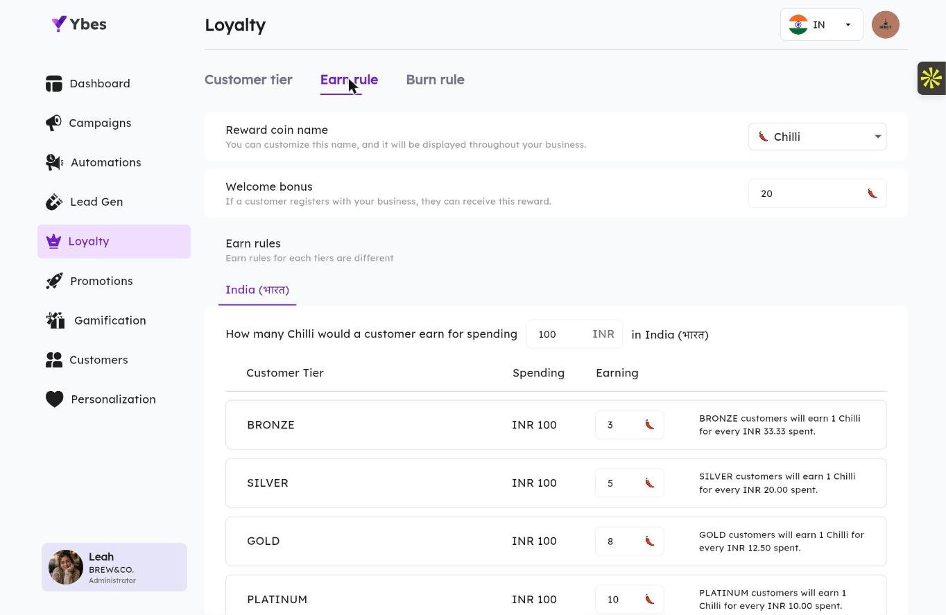 YBES Loyalty — tier-based earn rules with custom reward coins (Chilli, Beans, Stars)