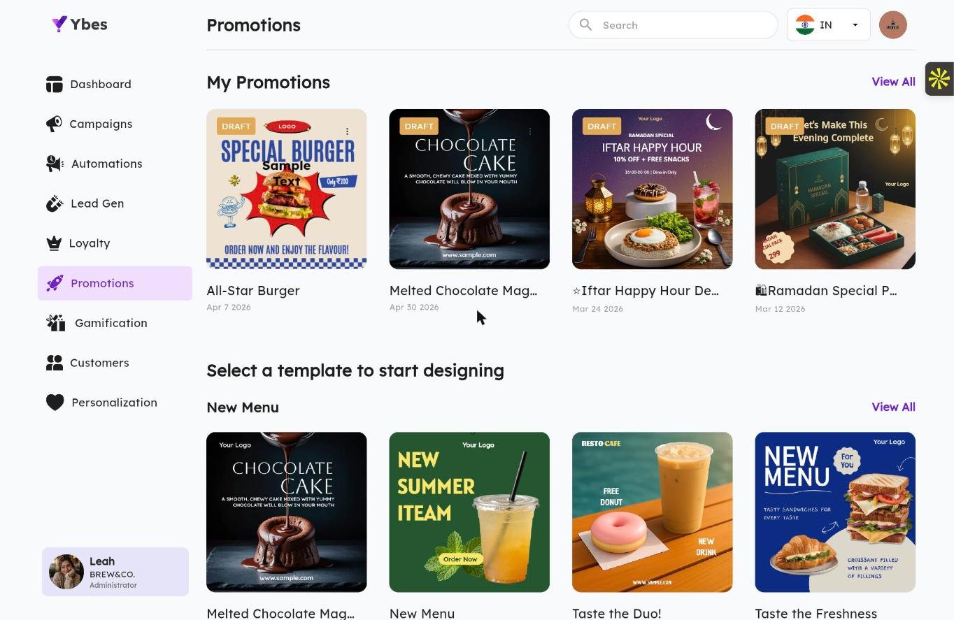 YBES Promotions — pre-designed campaign templates for new menus, festivals, and offers